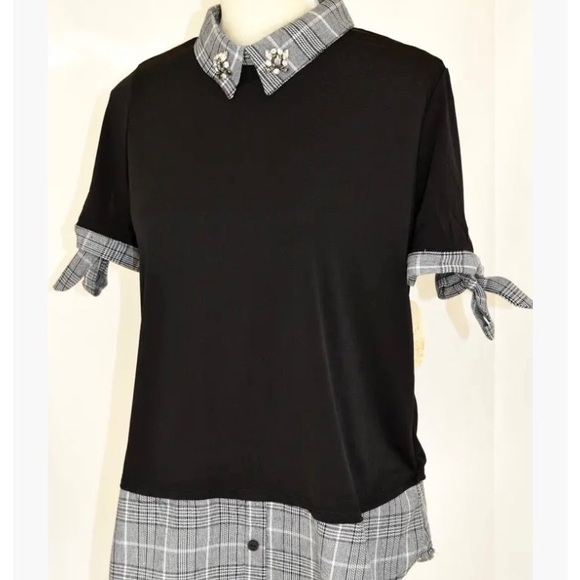 COPY - NEW Misia Women layered Black White Plaid top w/rhinestones NWT Sz S - Picture 1 of 13
